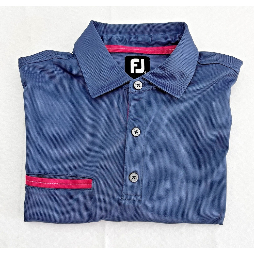FootJoy FJ Golf Polo Shirt Mens Large Blue Pink Trim Pique Short Sleeve 25670